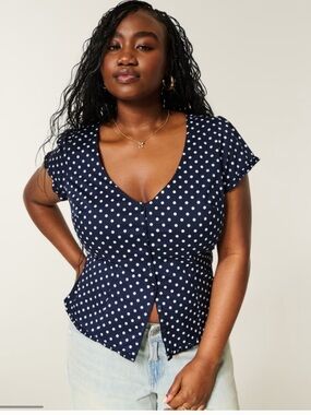 HOLLISTER Curvy Short-Sleeve V-Neck Top Navy Polka Dot Women’s Plus Size XXL NEW
